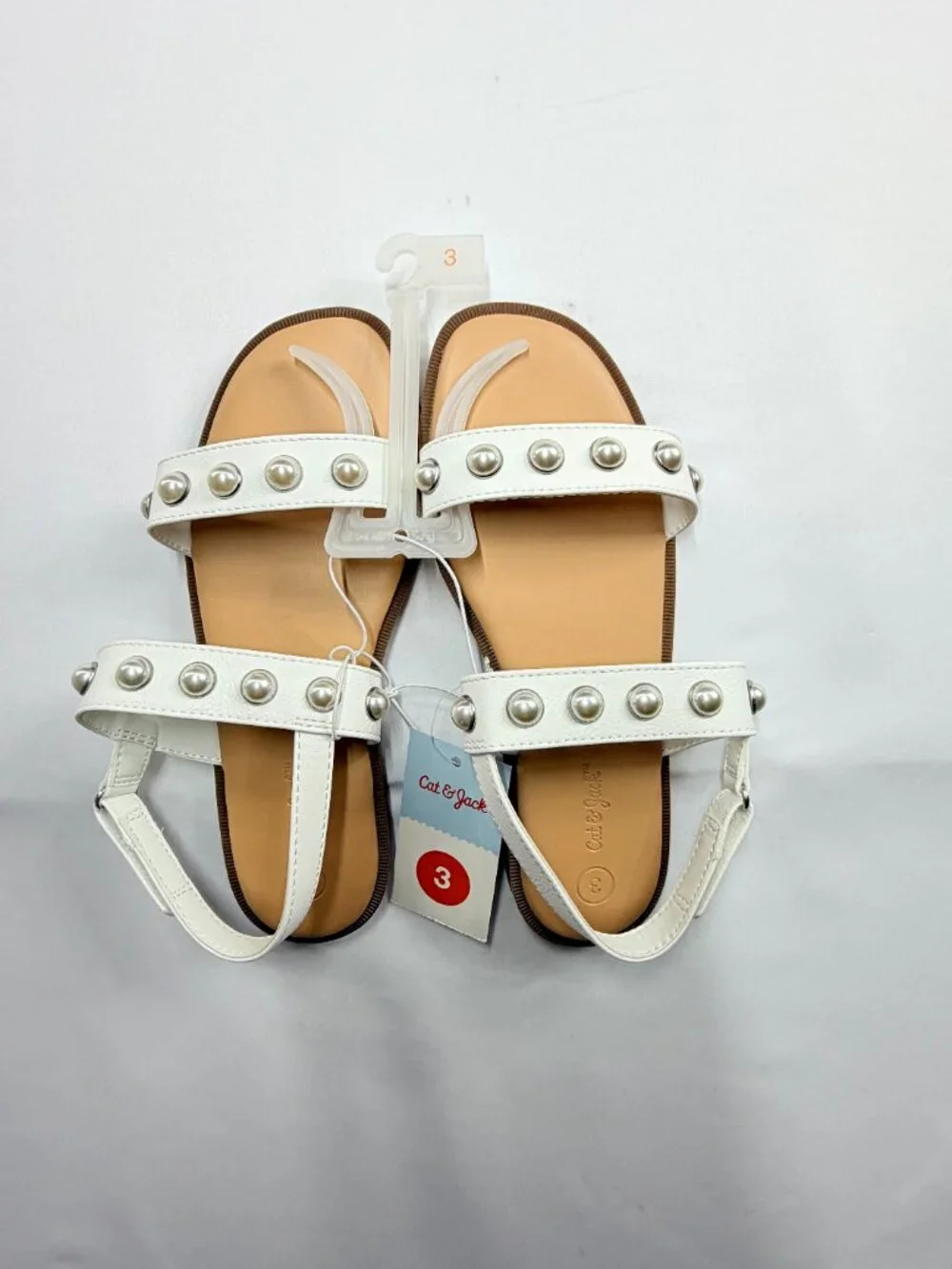 Cat & Jack Girls Size 3 White Pearl Studded Sandals Adjustable Strap NWT